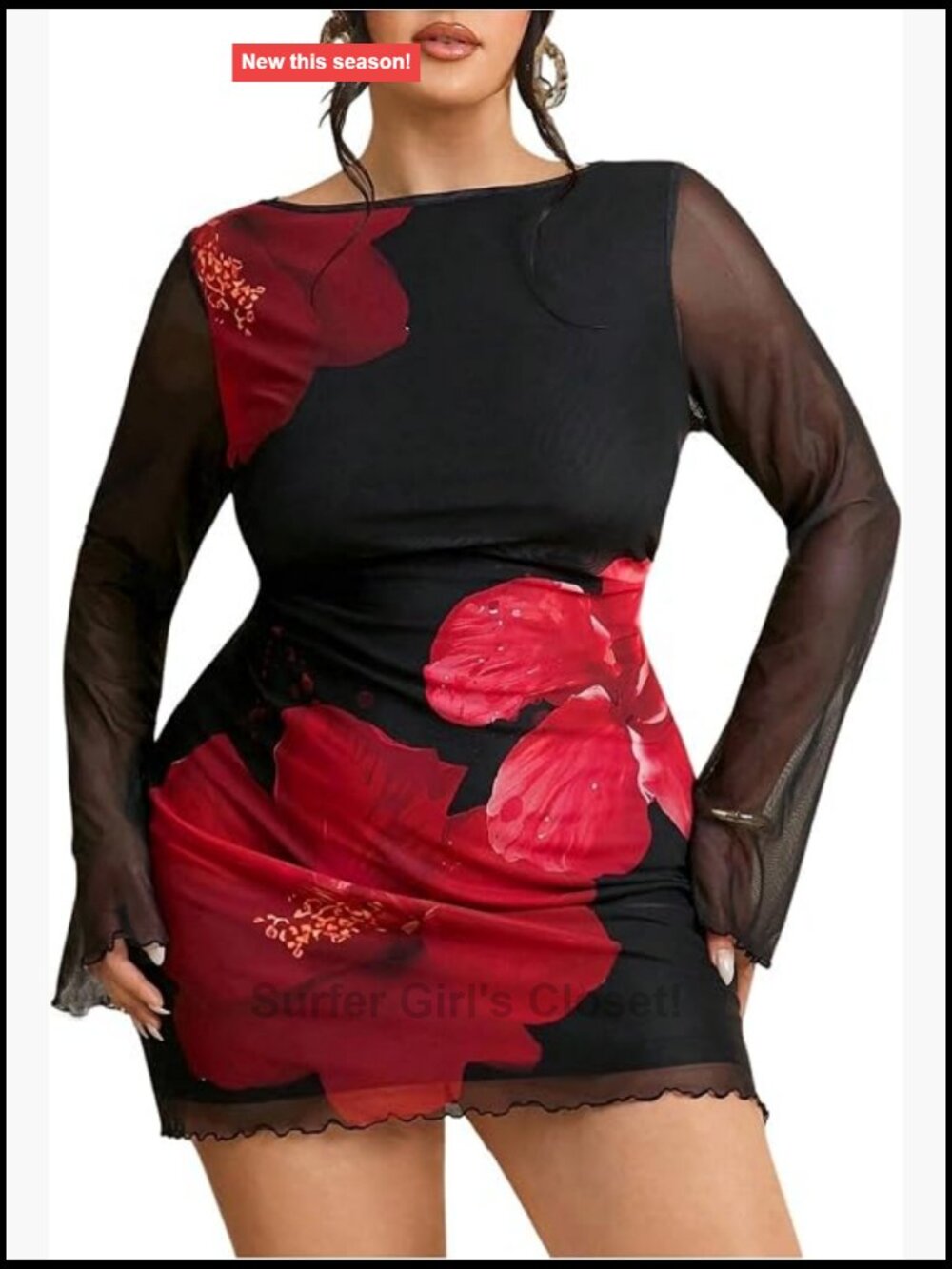 Plus Size Floral Bodycon Mini Dress Long Sleeve Crew Neck